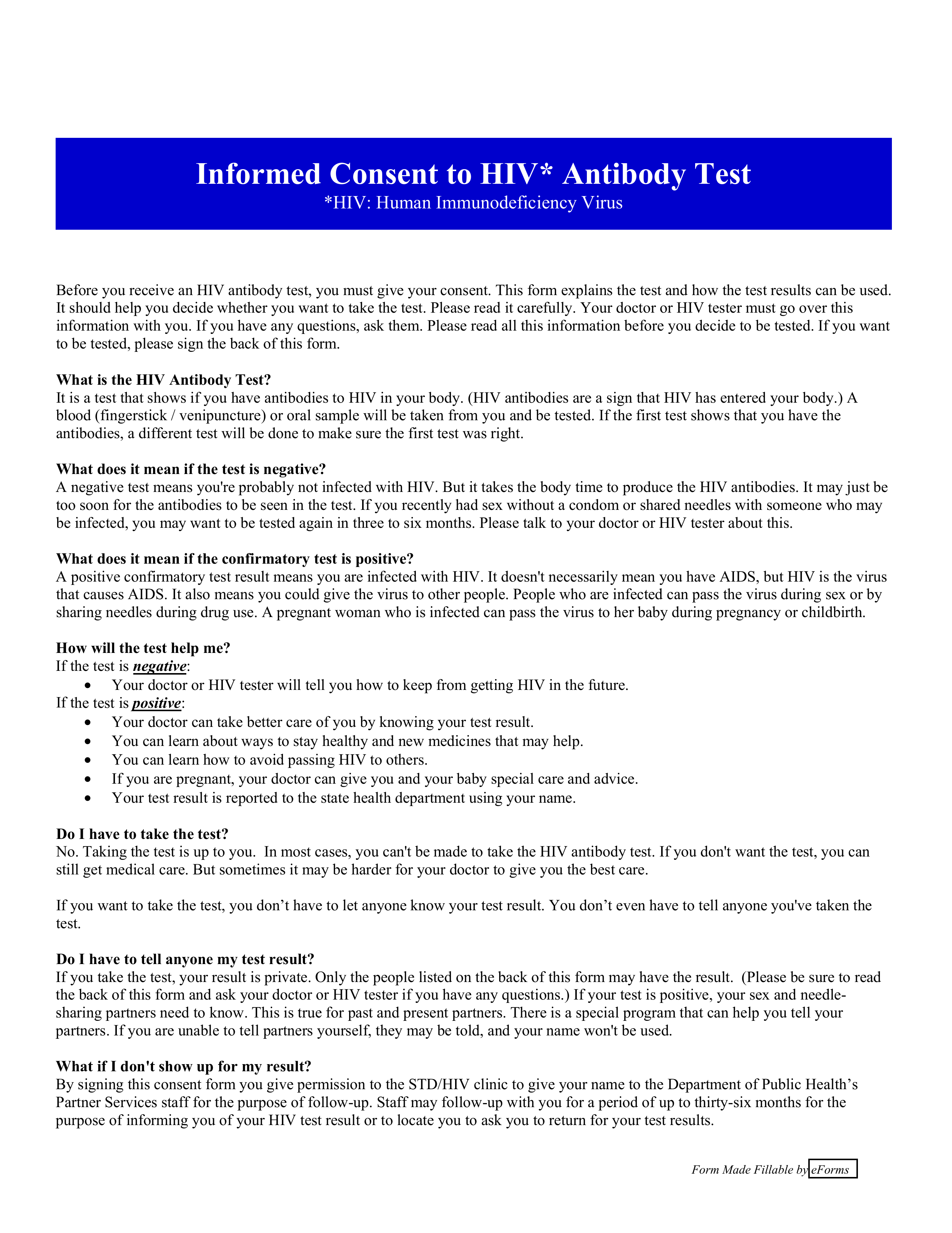 Free HIV Test Informed Consent Form PDF EForms