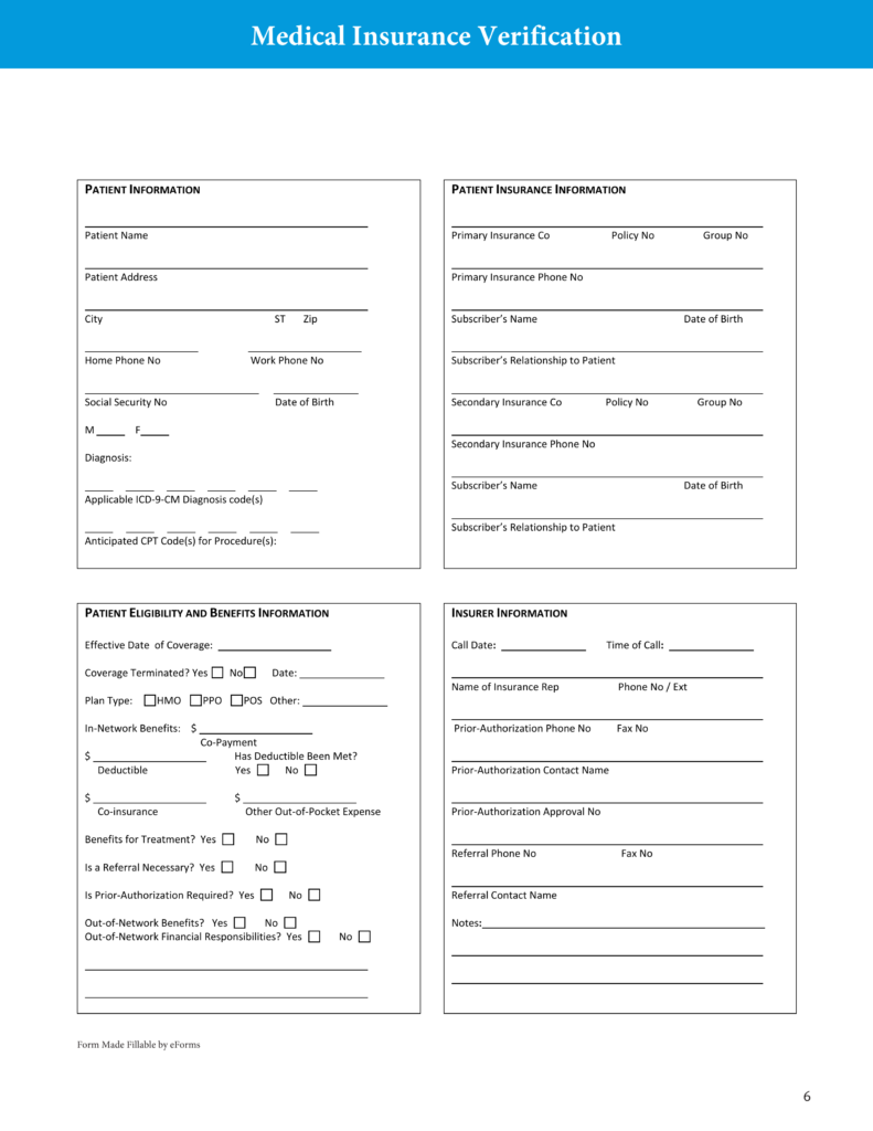 Printable Medical Insurance Verification Form Template Printable