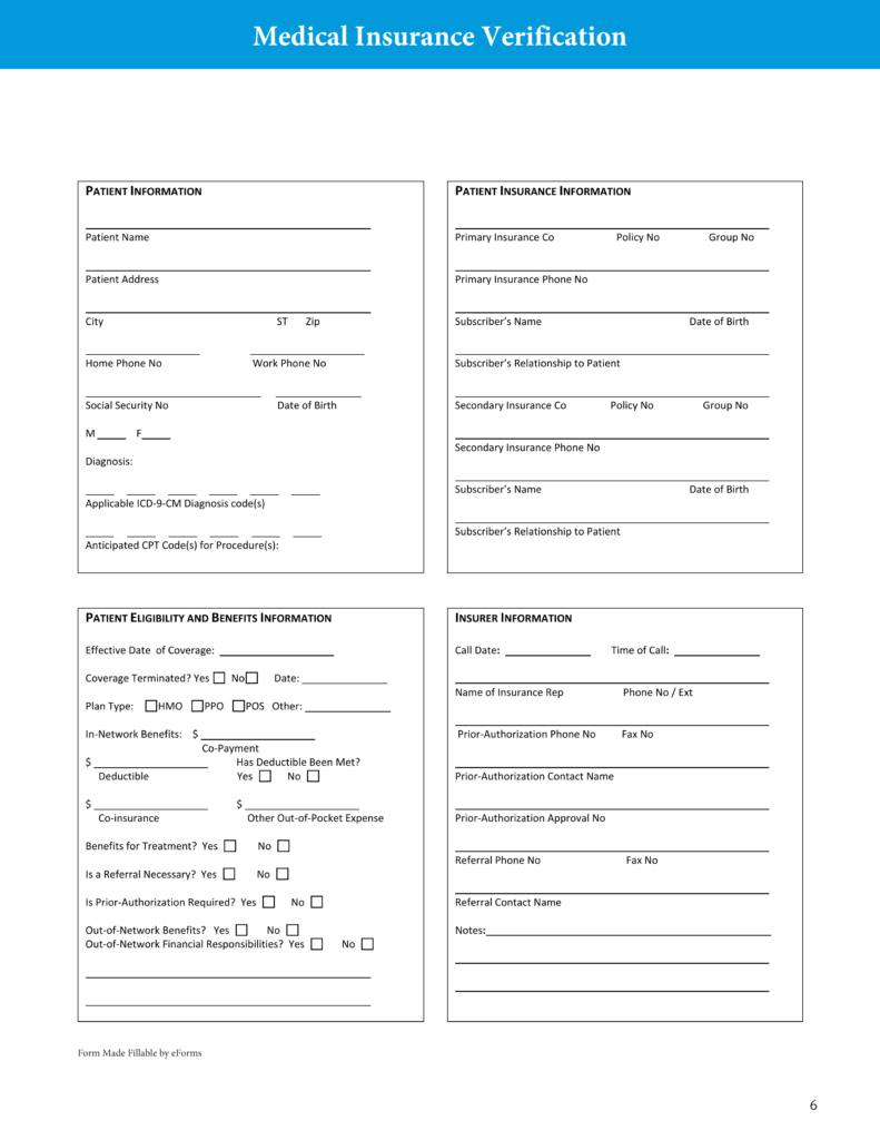 Printable Medical Insurance Verification Form Template - Printable