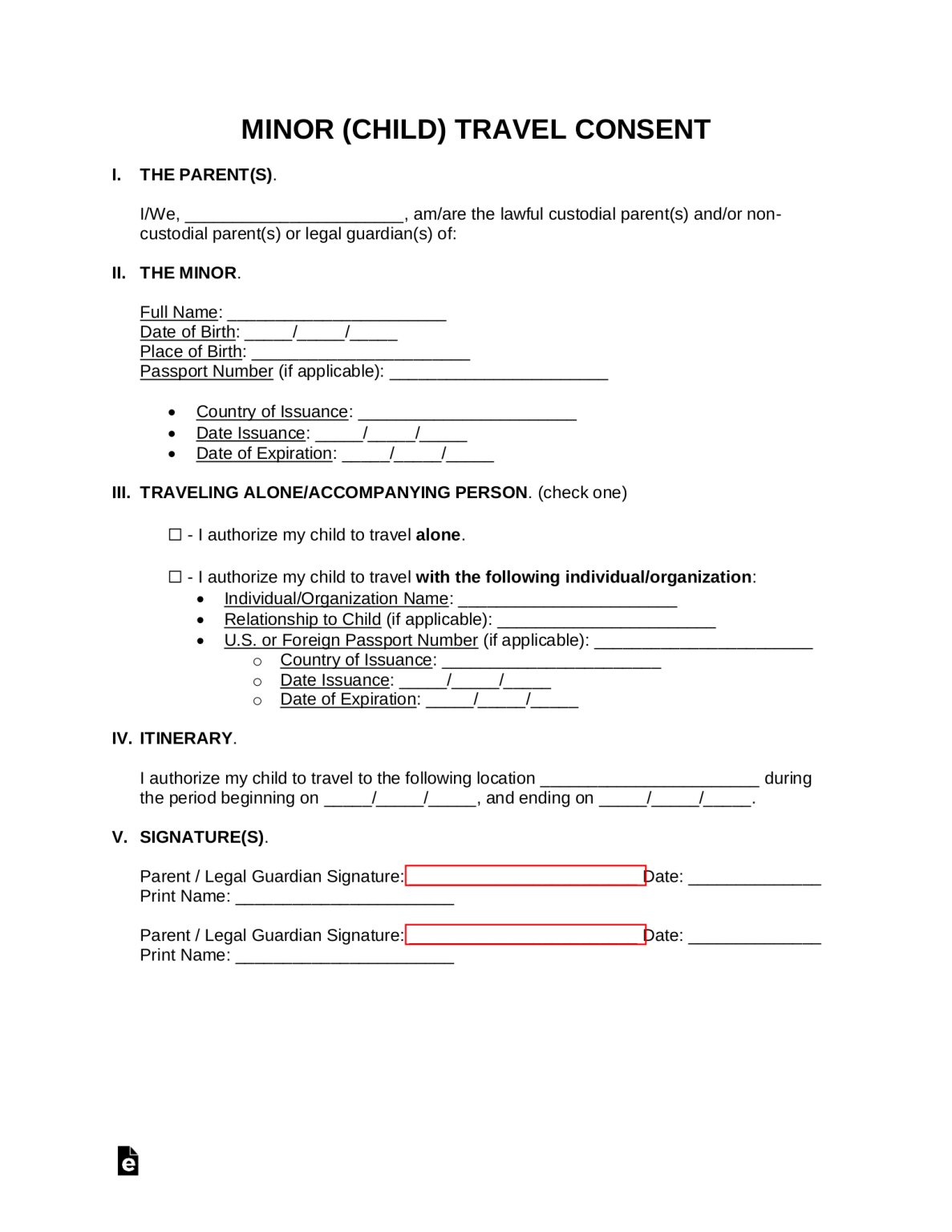 Printable Minor Travel Consent Form