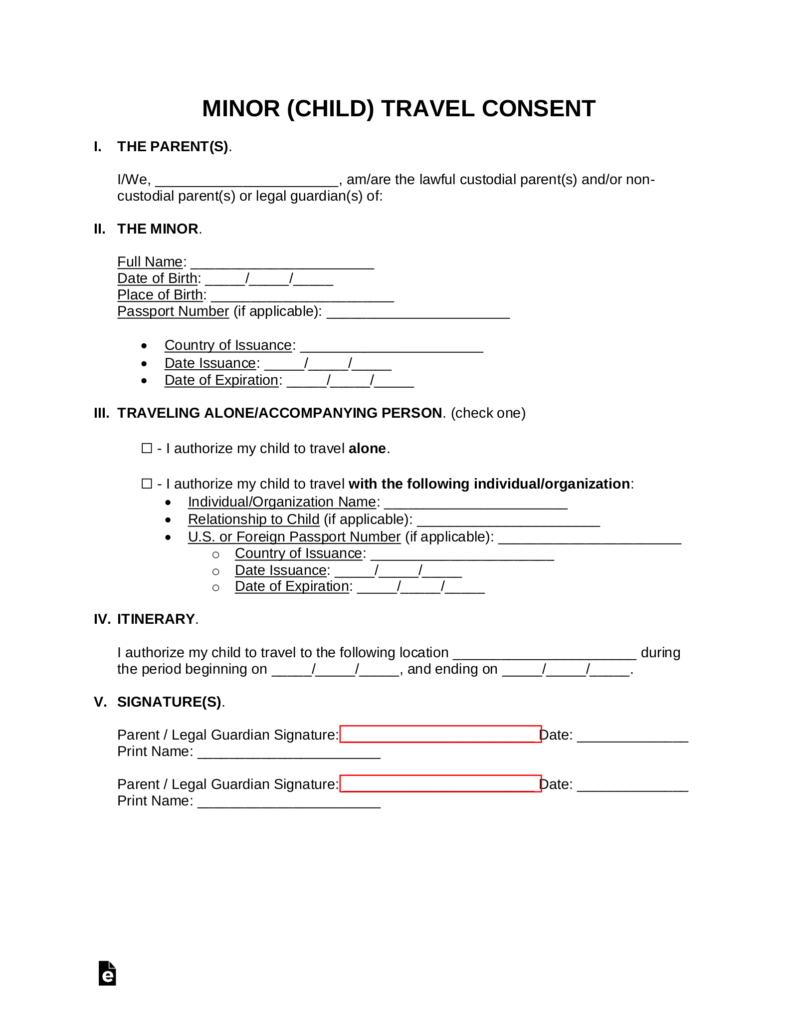 Free Minor (Child) Travel Consent Form PDF Word eForms