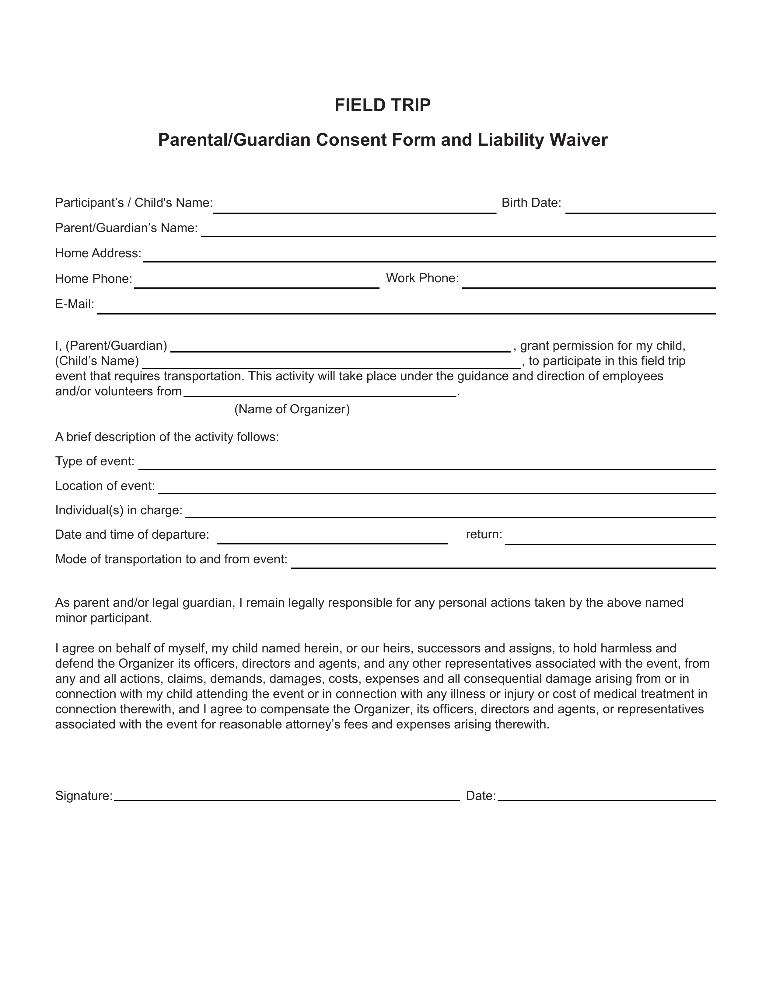 Printable Field Trip Permission Slip