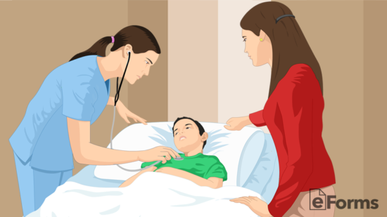 doctor using stethoscope to monitor boy in hospital bed