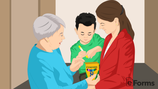 a boy playing with box of crayons sitting between his mother and grandmother