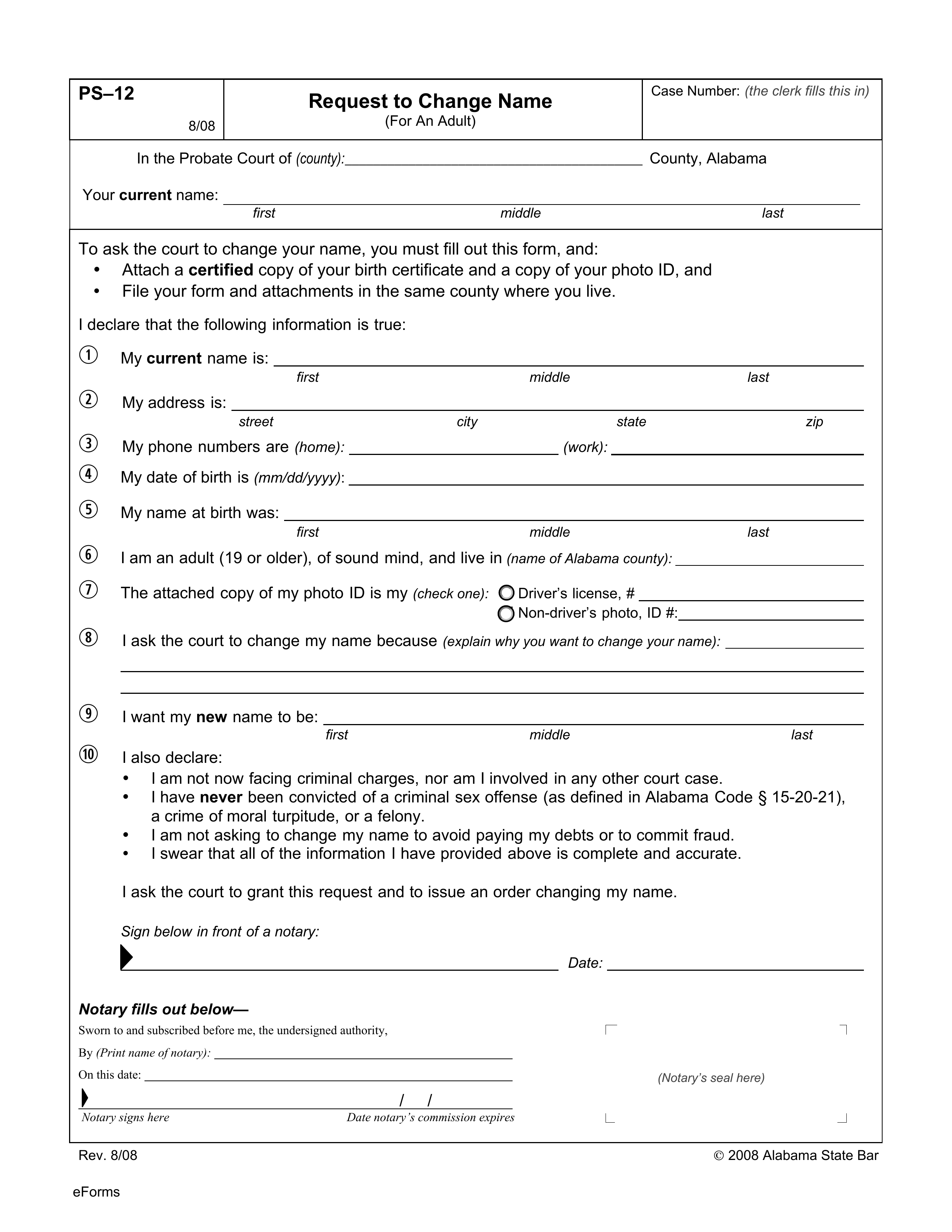 Alabama Name Change Forms | Request to Change Name (PS-12)