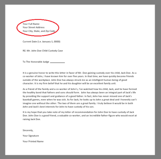 red circle around writer's personal information in character reference letter