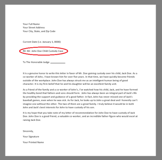 red circle around subject line of character reference letter