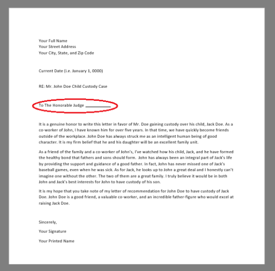 red circle around "to the honorable judge" in character reference letter