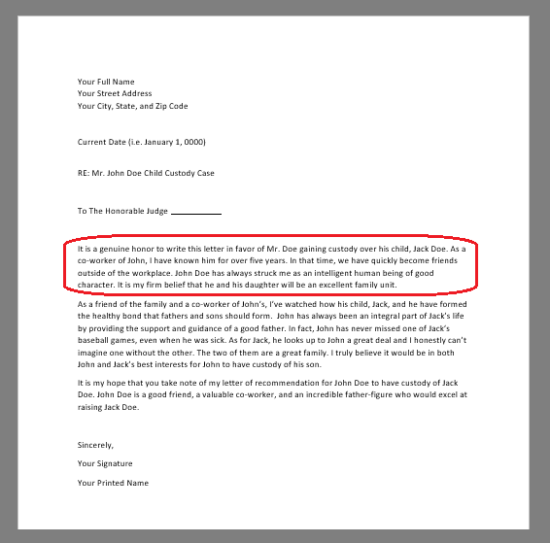 red circle around intro paragraph of character reference letter