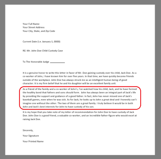 red circle around body paragraph of character reference letter