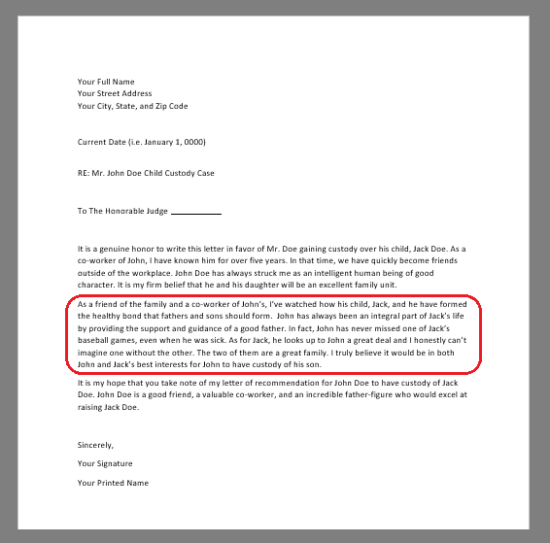 Sample Of Child Custody Reference Letter