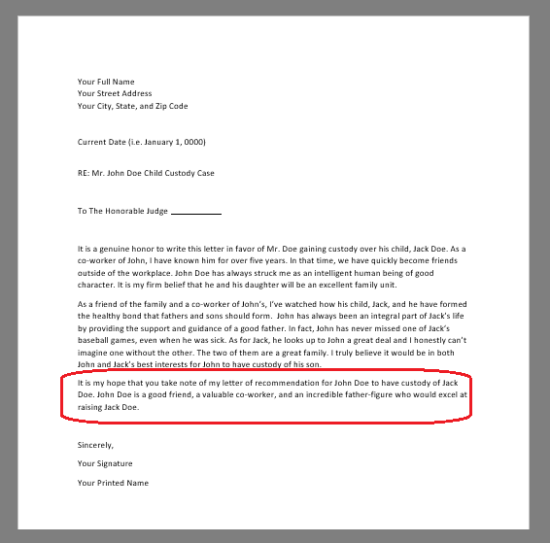 red circle around conclusion paragraph of character reference letter