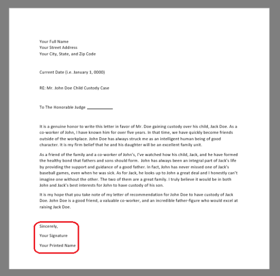 red circle around writer sign off in character reference letter