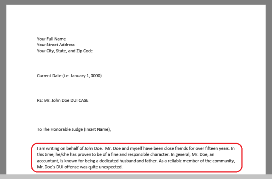 red circle around intro paragraph of character reference letter