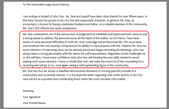 red circle around body paragraph of character reference letter