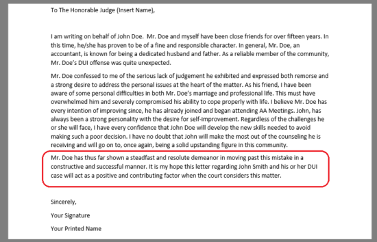 red circle around conclusion paragraph of character reference letter