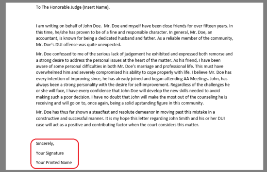 red circle around sign off at the bottom of character reference letter