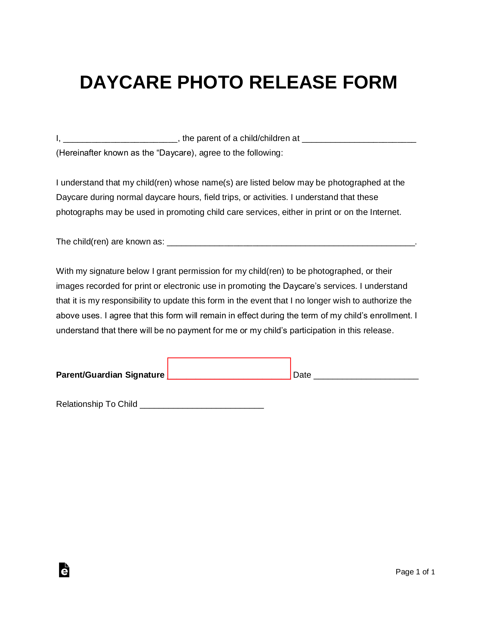 Free Daycare Photo Release Form Word PDF eForms