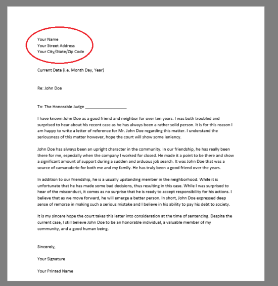 red circle around writer's personal information in character reference letter