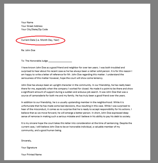 red circle around date of character reference letter