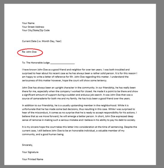 red circle around subject line of character reference letter