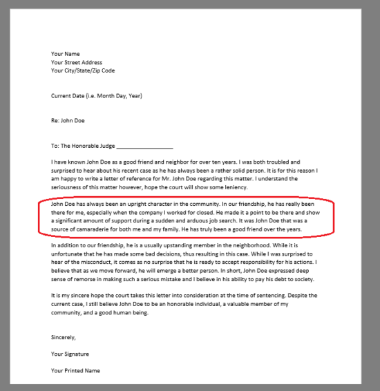 red circle around body of character reference letter