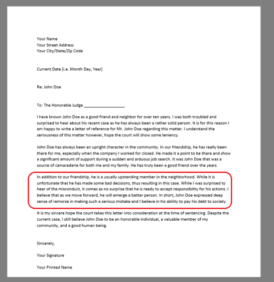 red circle around second body paragraph of character reference letter