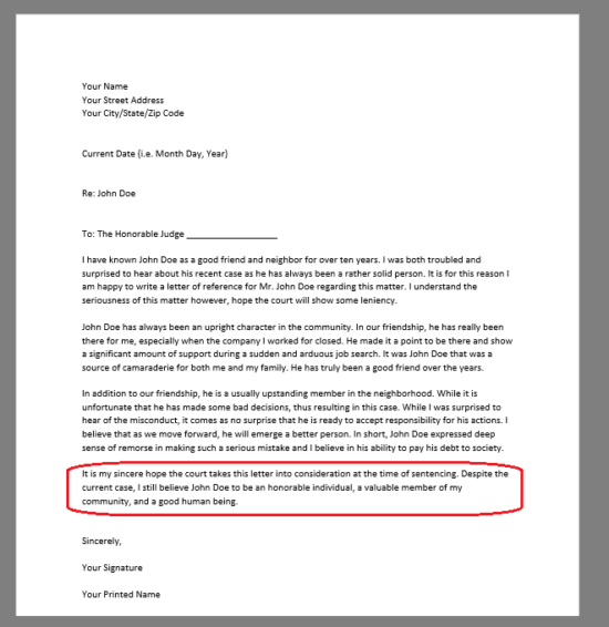 red circle around conclusion paragraph of character reference letter