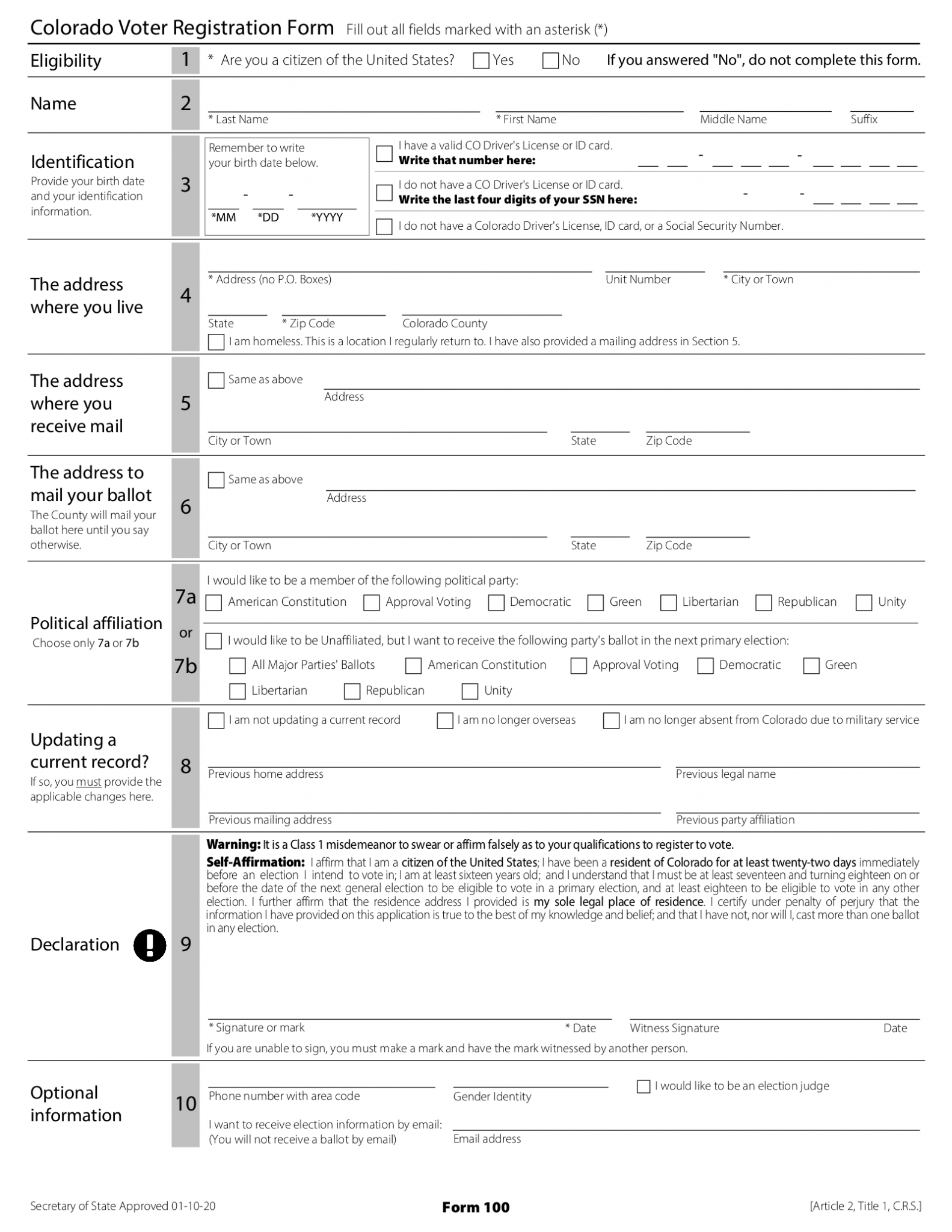 Free Colorado Voter Registration Form Register to Vote in CO PDF