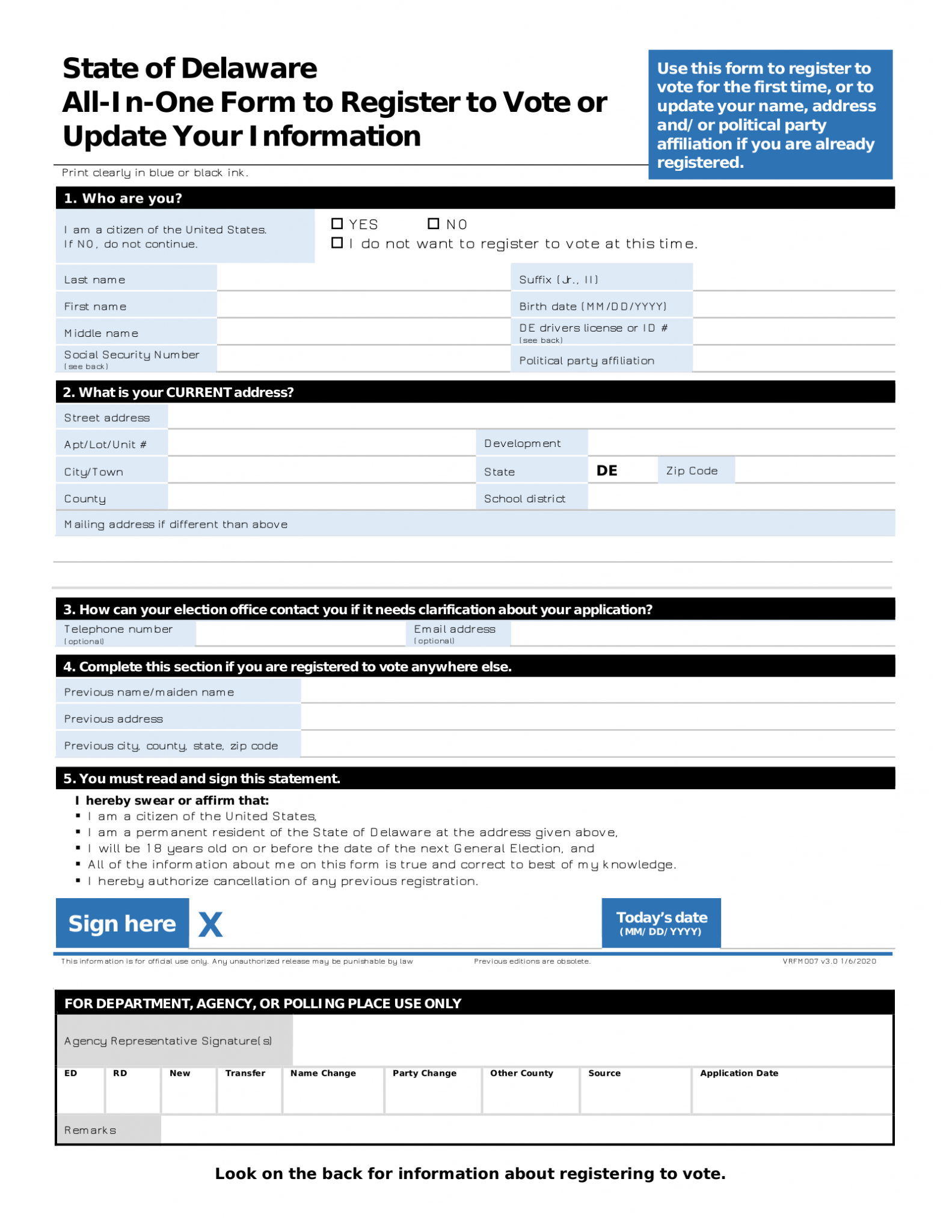 Free Delaware Voter Registration Form - Register To Vote In DE - PDF ...