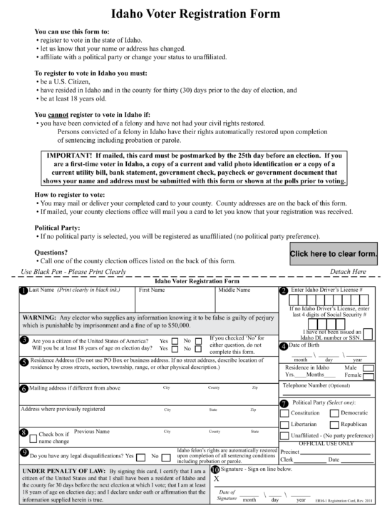 Free Idaho Voter Registration Form - Register To Vote In ID - PDF ...