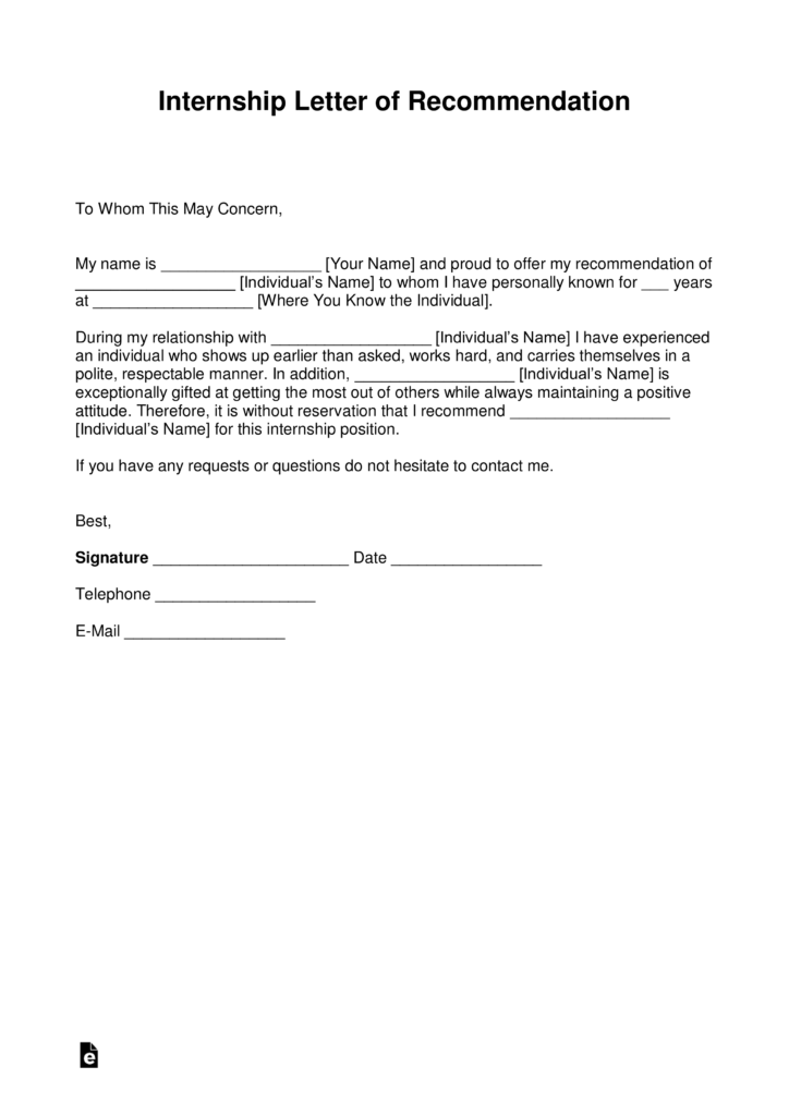 Free Recommendation Letter for Internship - with Samples - PDF | Word