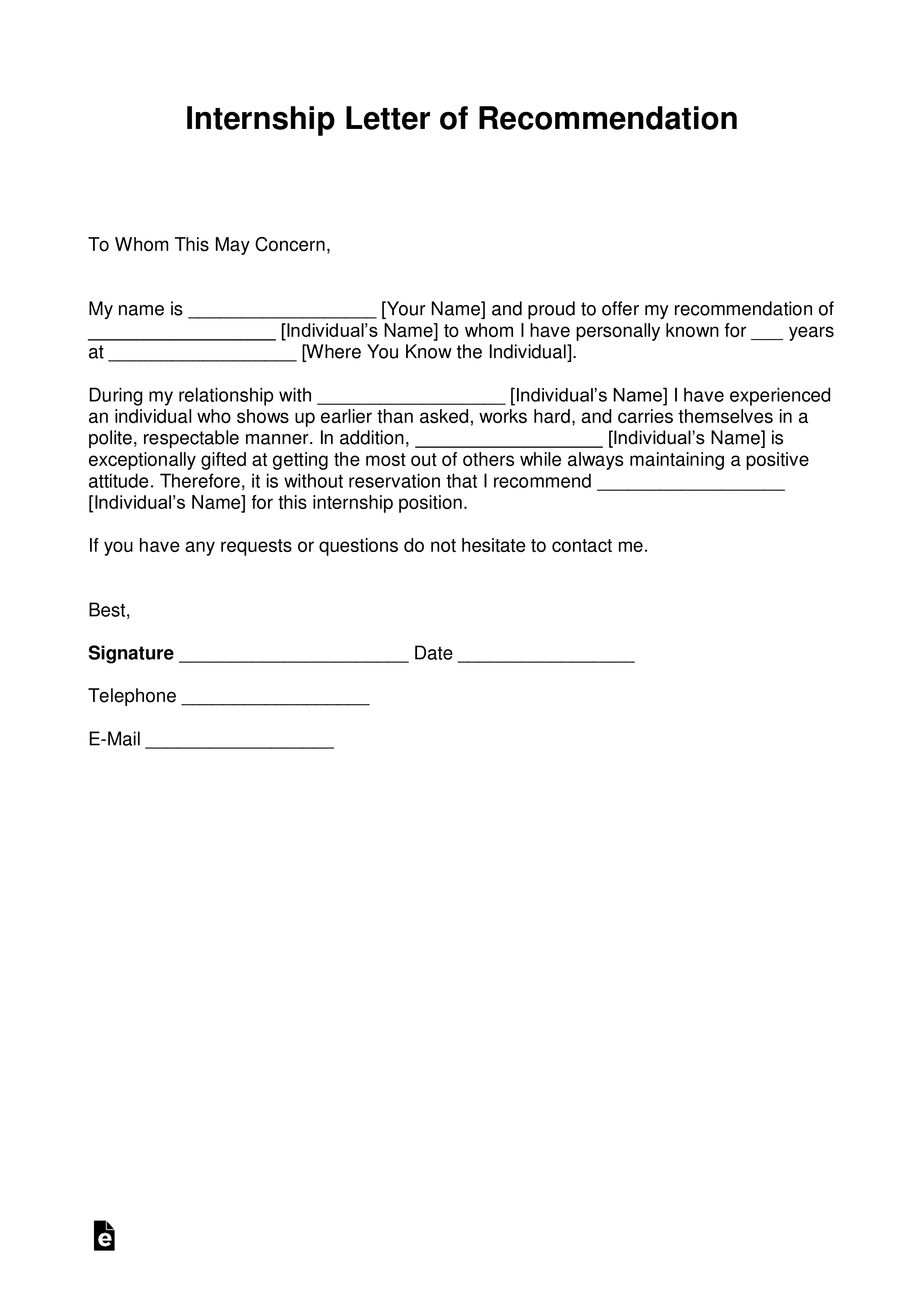 Internship Letter Of Recommendation from eforms.com