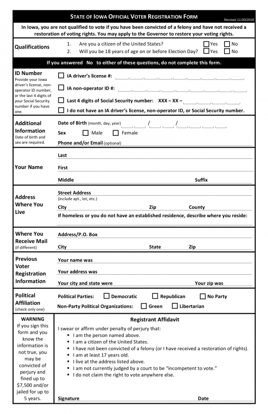 Free Iowa Voter Registration Form Register to Vote in IA PDF eForms