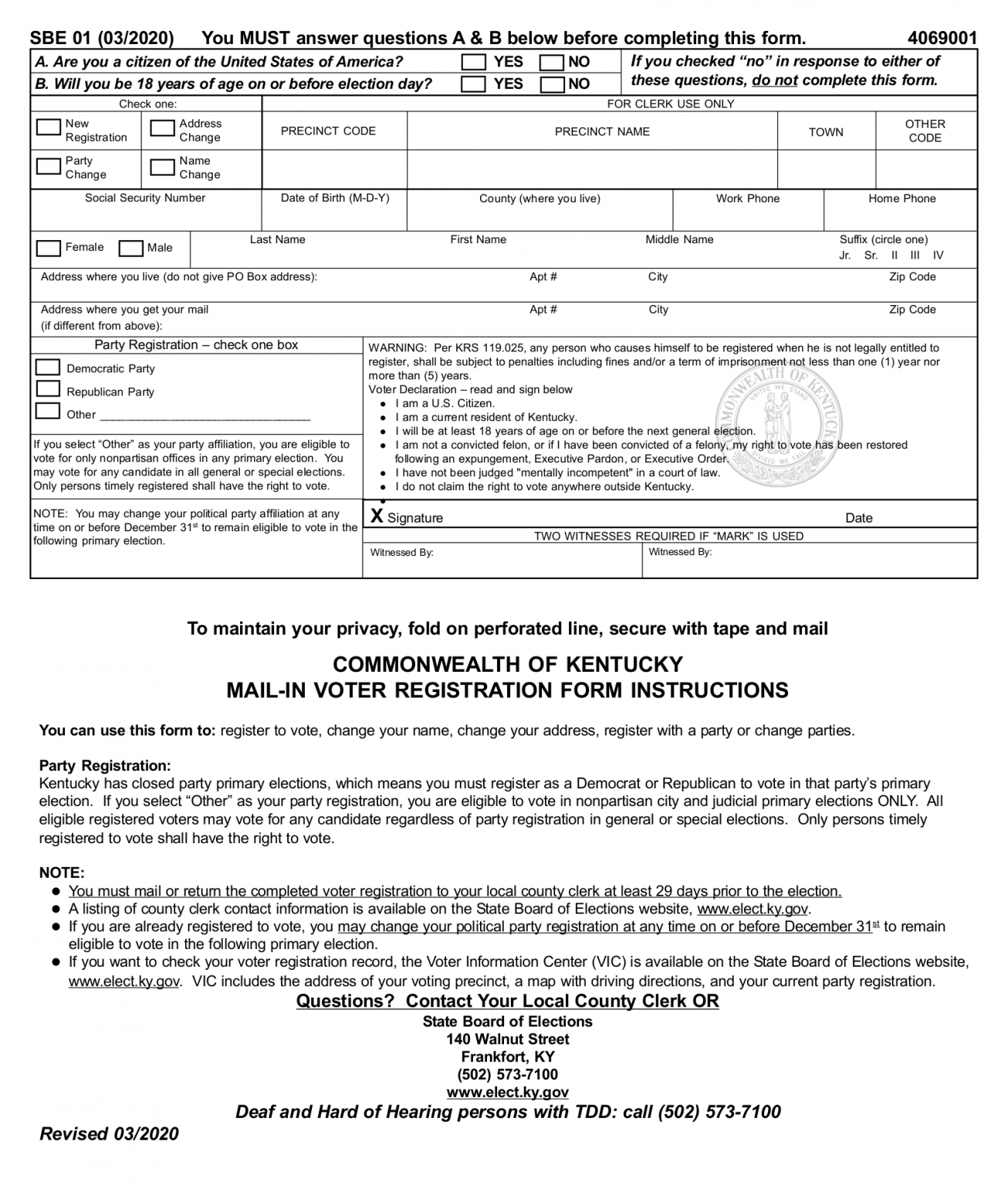 Free Kentucky Voter Registration Form Register To Vote In KY PDF