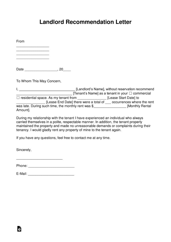 Free Landlord Recommendation Letter (for a Tenant) - with Samples - PDF | Word | eForms - Free ...