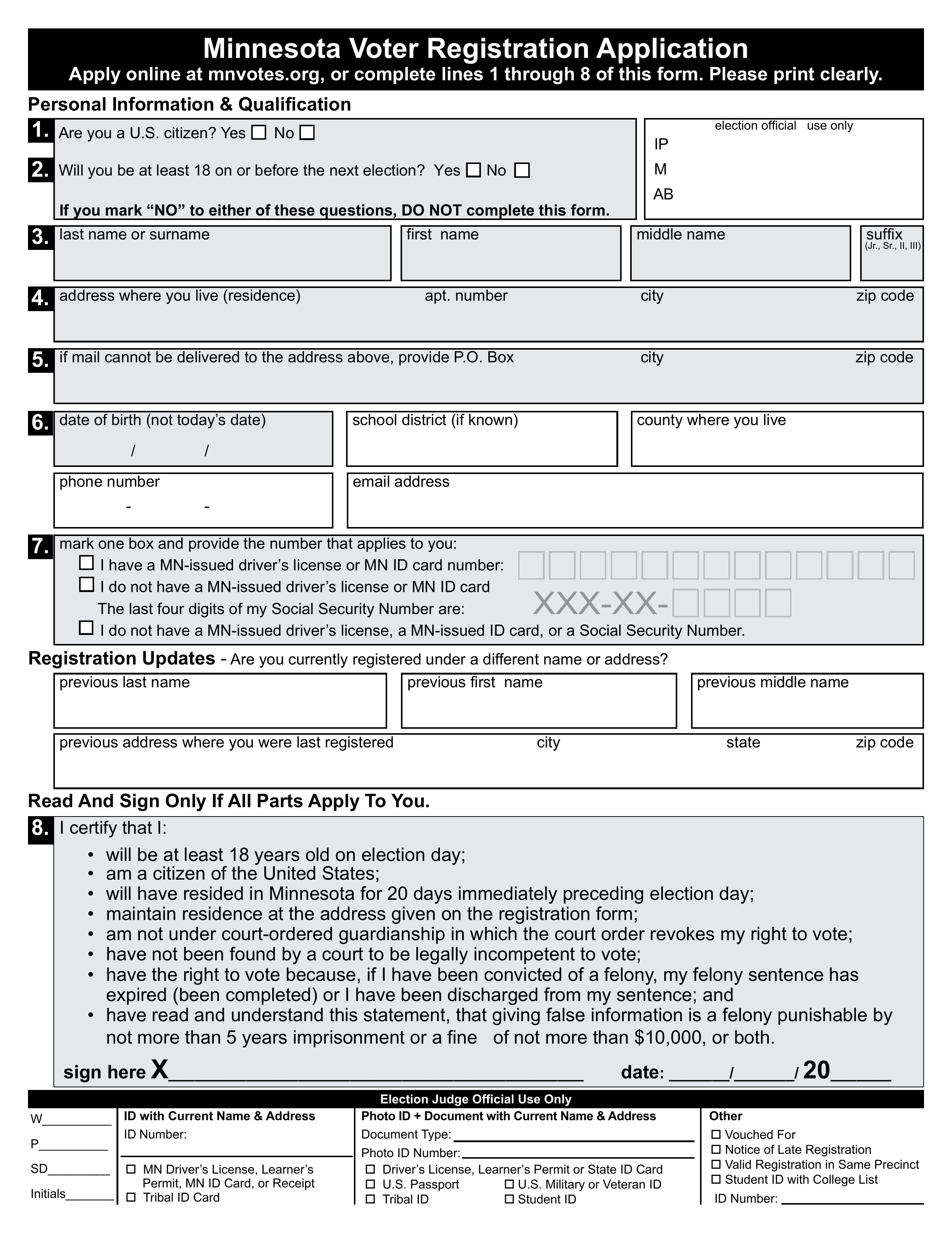 Free Minnesota Voter Registration Form Register To Vote In MN PDF EForms