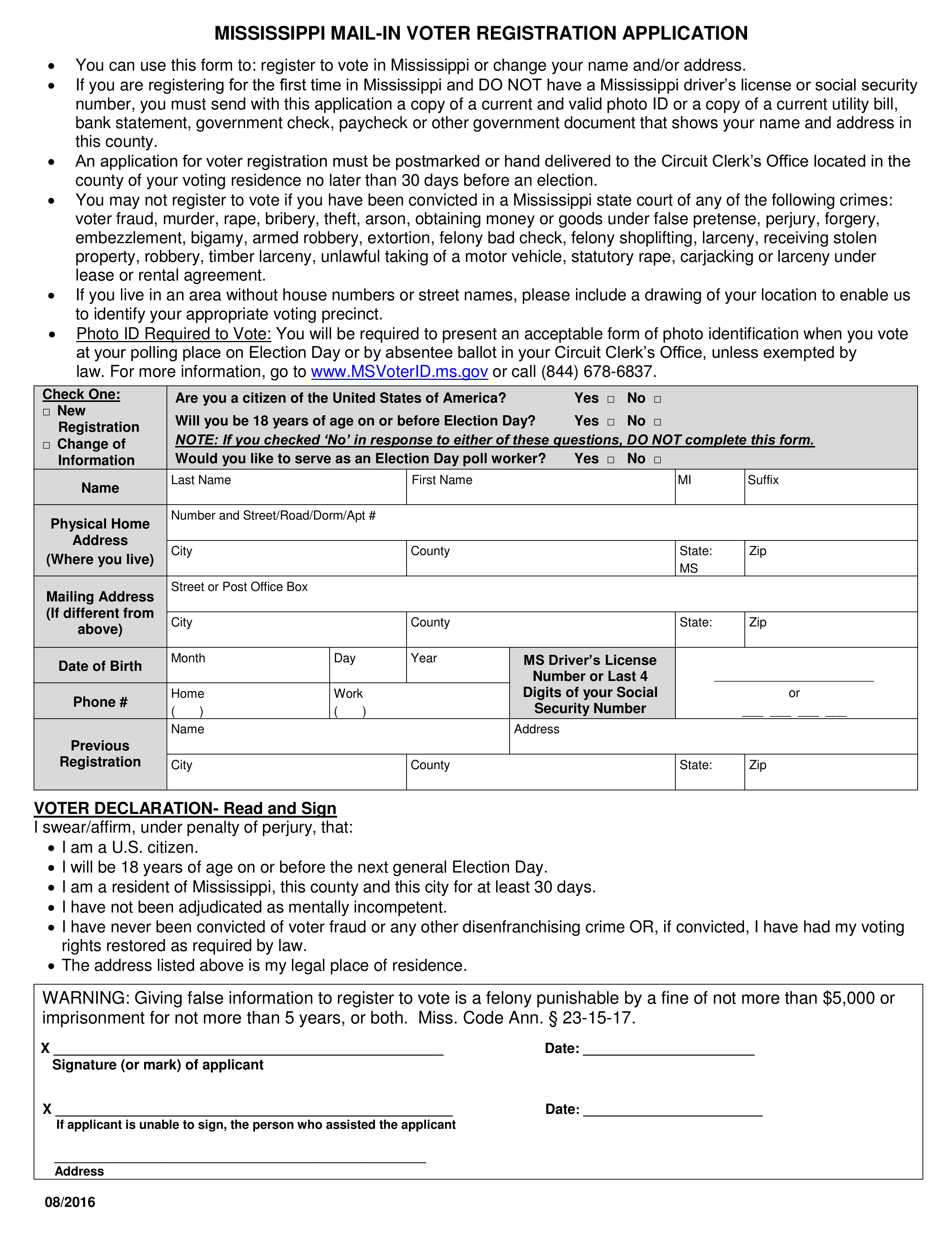 Free Mississippi Voter Registration Form Register To Vote In MS PDF 