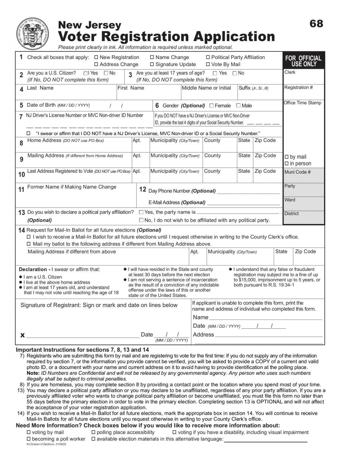 Free New Jersey Voter Registration Form Register to Vote in NJ PDF