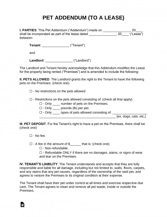 Free Pet Addendum to Lease - PDF | Word – eForms