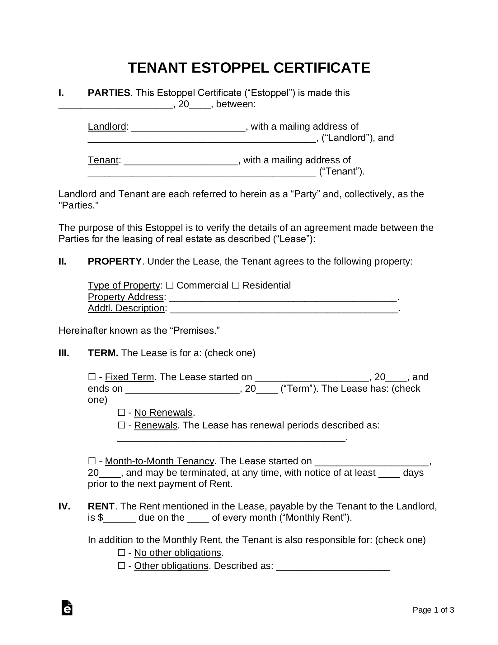 Free Tenant Estoppel Certificate PDF Word EForms
