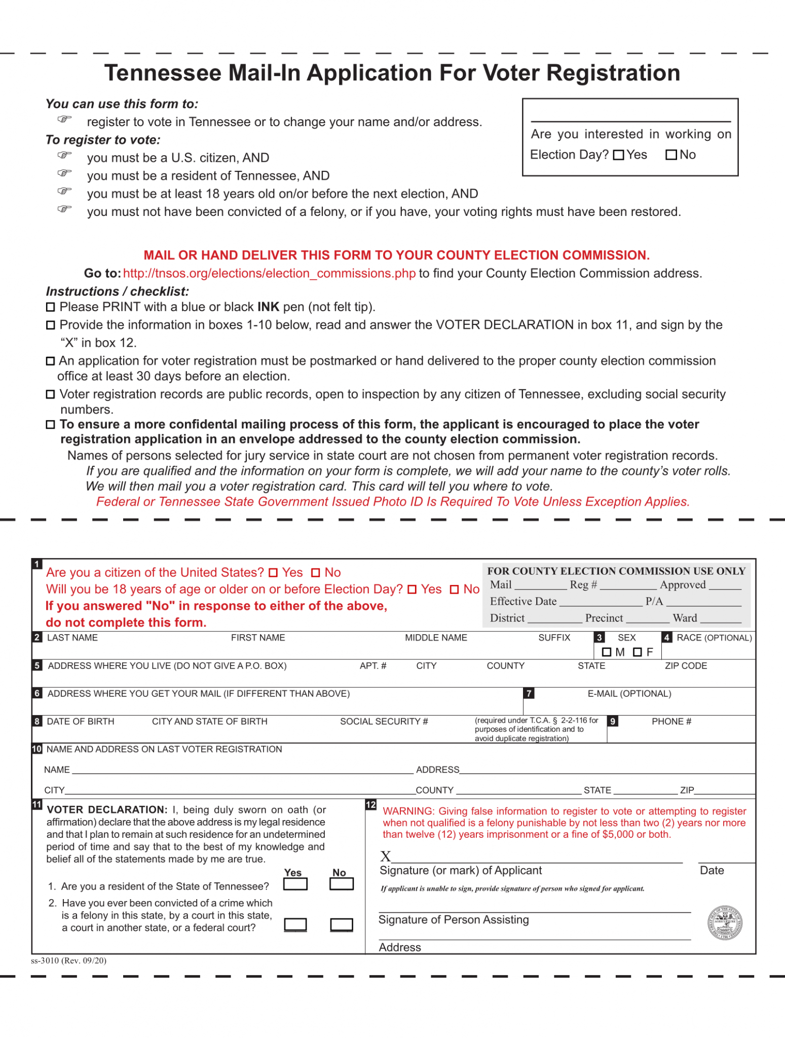 Free Tennessee Voter Registration Form Register to Vote in TN PDF