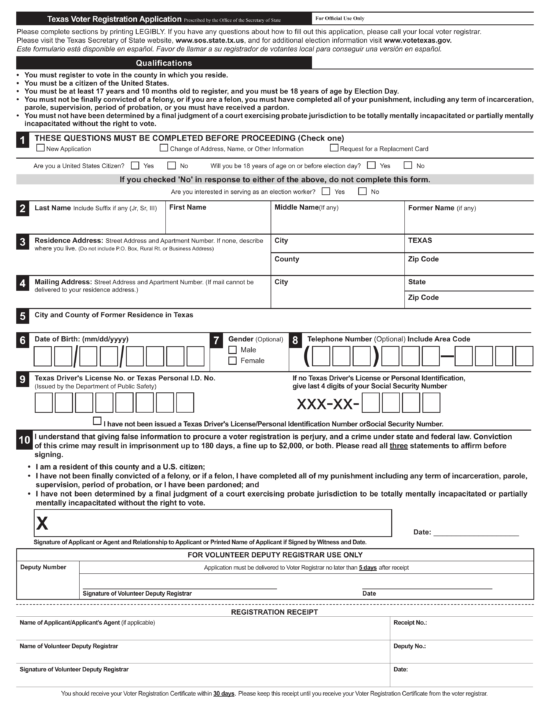 Free Texas Voter Registration Form Register to Vote in Texas PDF