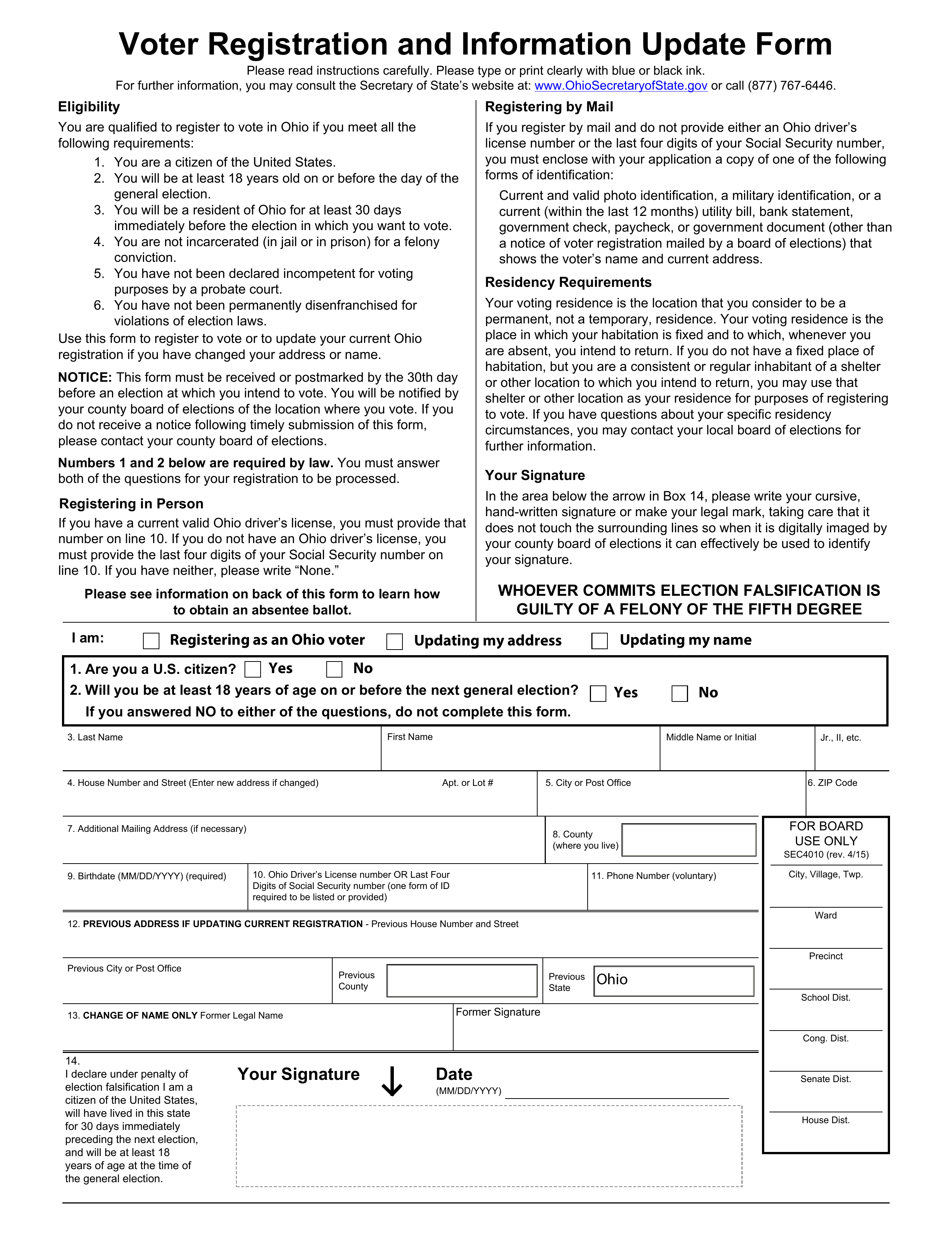 Free Ohio Voter Registration Form Register to Vote in OH PDF eForms