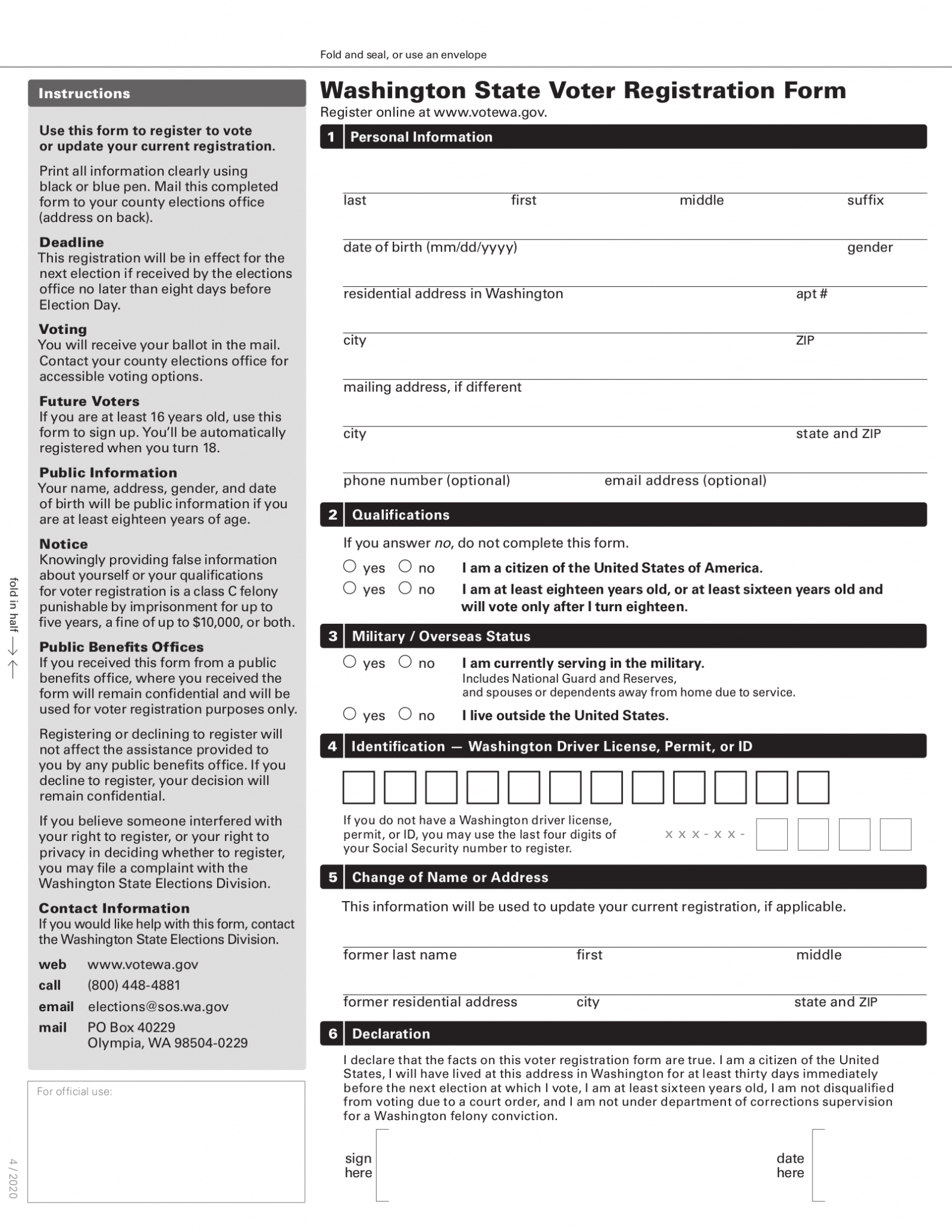 Free Washington Voter Registration Form Register to Vote in WA PDF