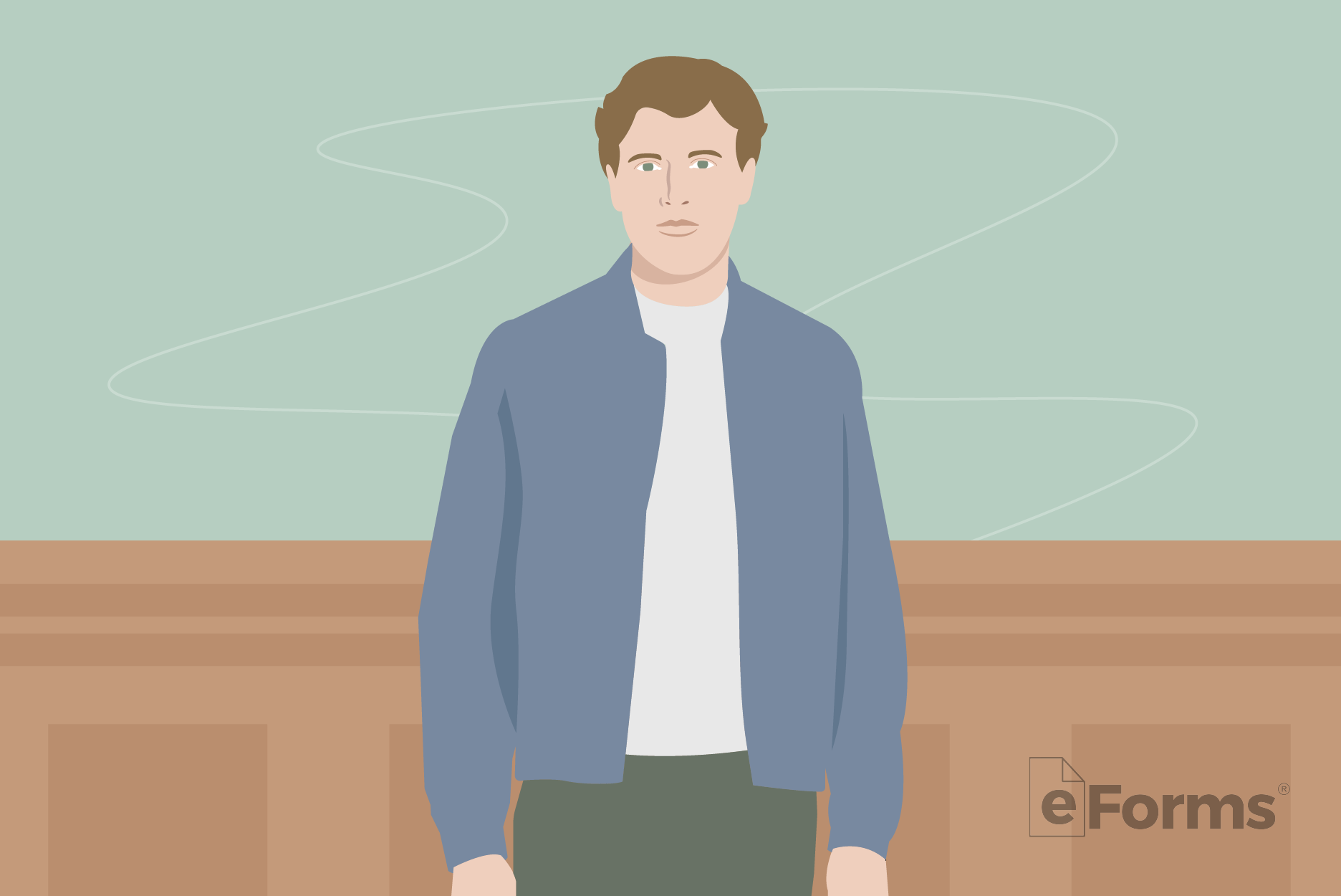 Young male standing in courtroom.