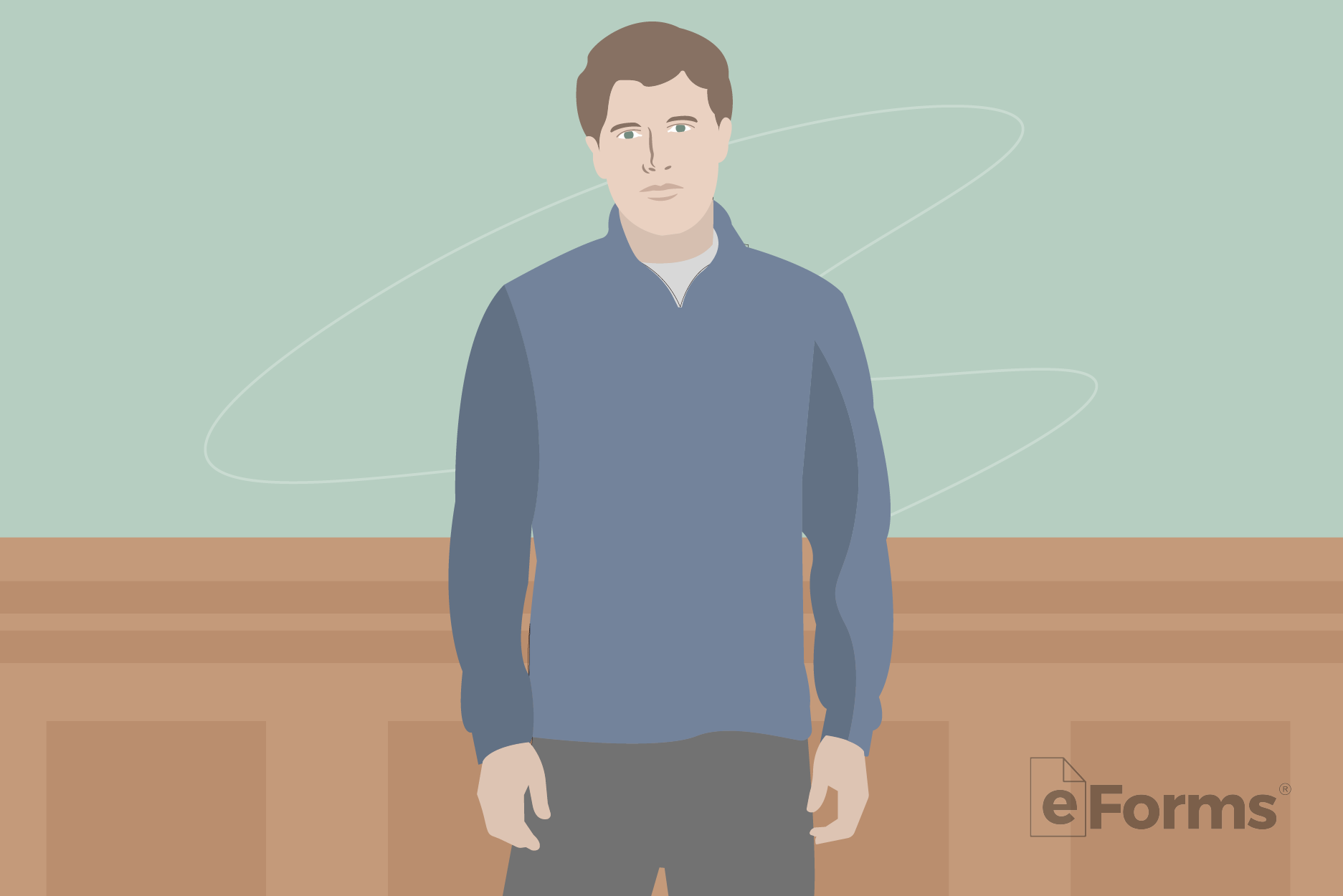 Young male standing in courtroom.