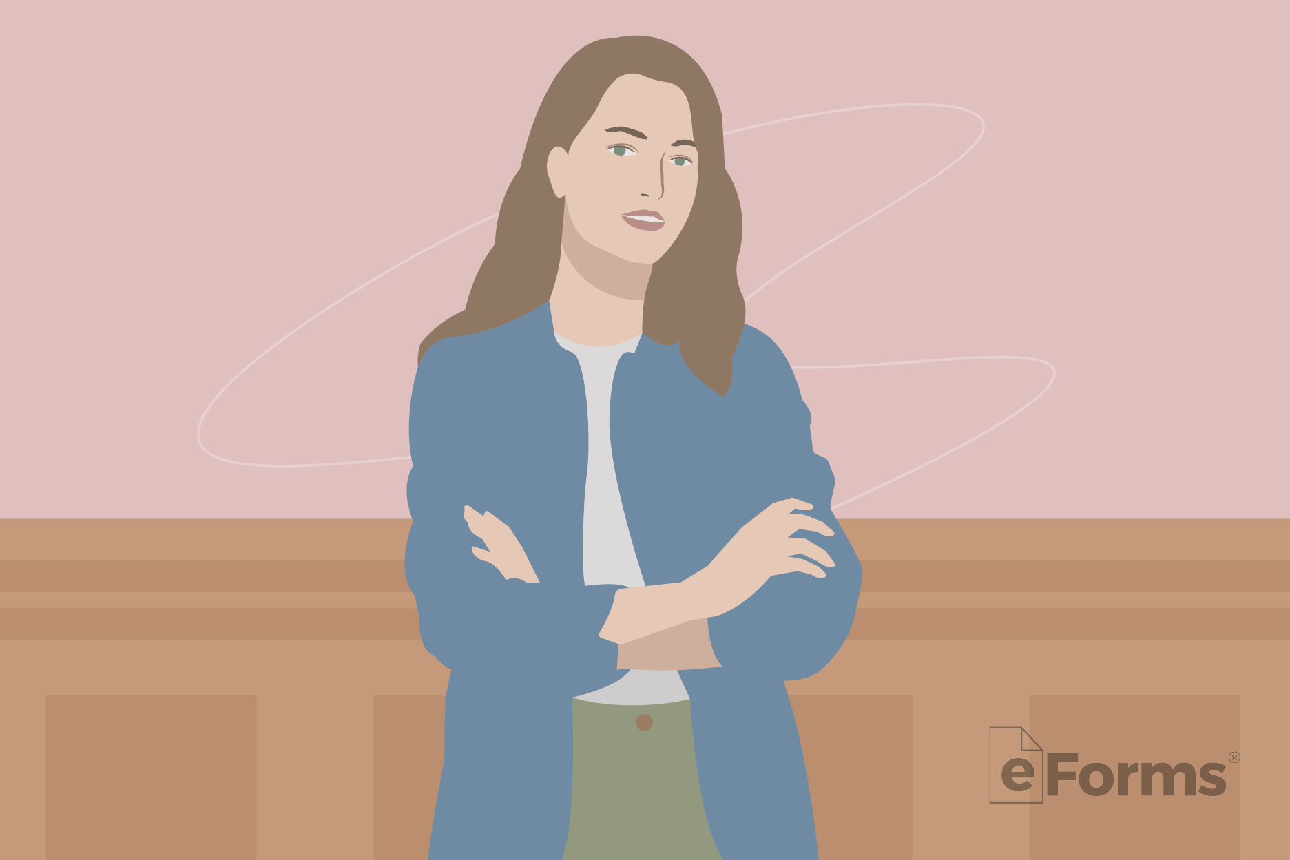 Young woman standing in courtroom.