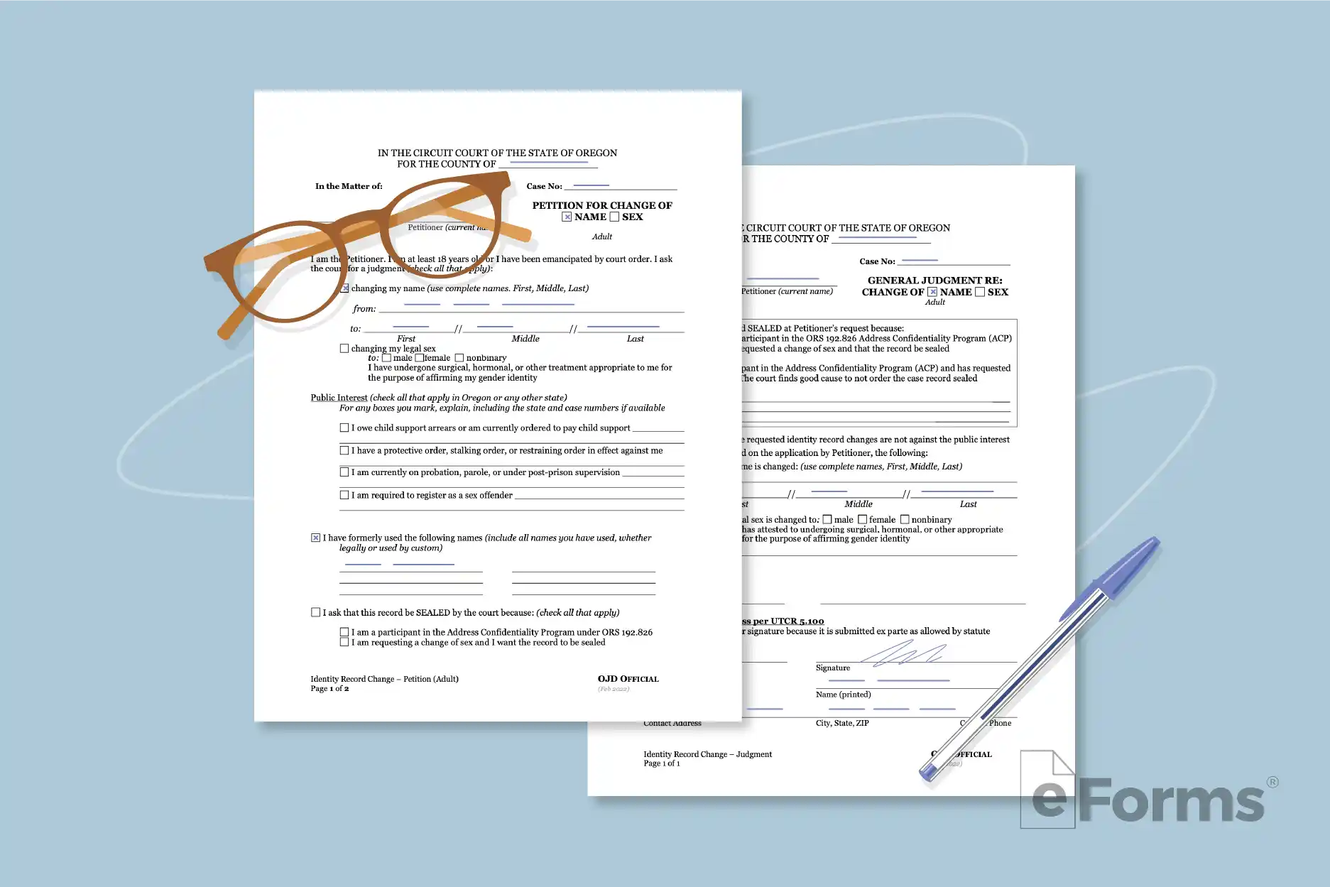 Pair of Name Change documents with eyeglasses and pen.