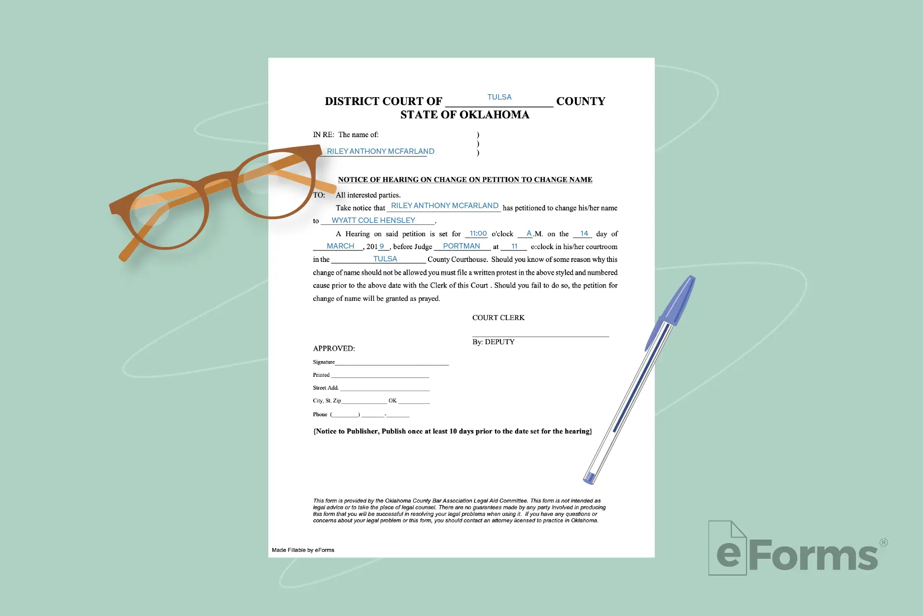 Notice of Hearing form with a pair of glasses and ball point pen.